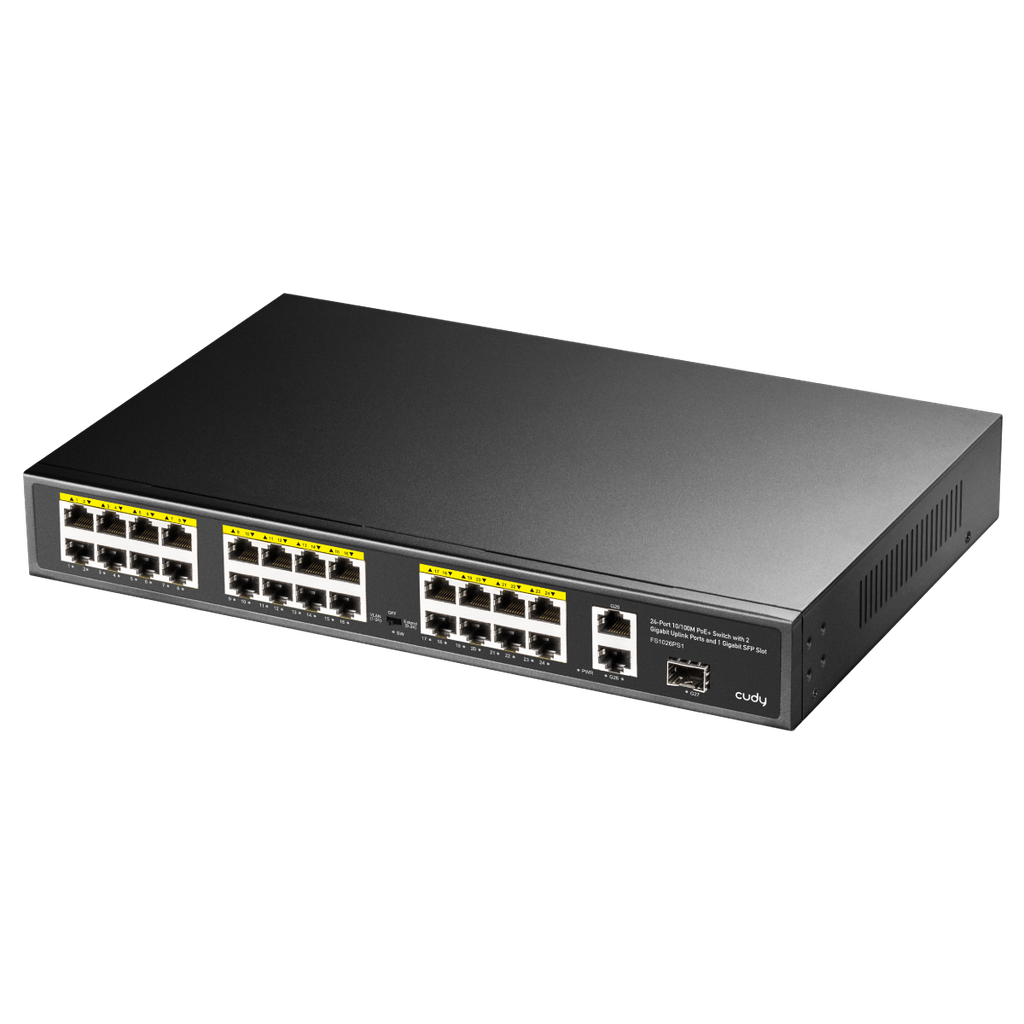 Cudy 24-Port 10/100M PoE+ Switch with 2 Gigabit Uplink Ports and 1 SFP Slot, Model: FS1026PS1