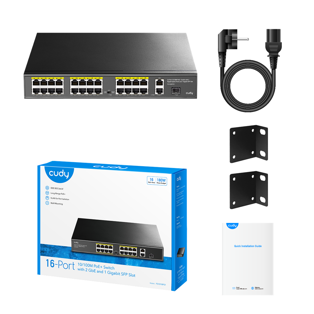 Cudy 16-Port 10/100M PoE+ Switch with 2GbE and 1 SFP Port, Model: FS1018PS1