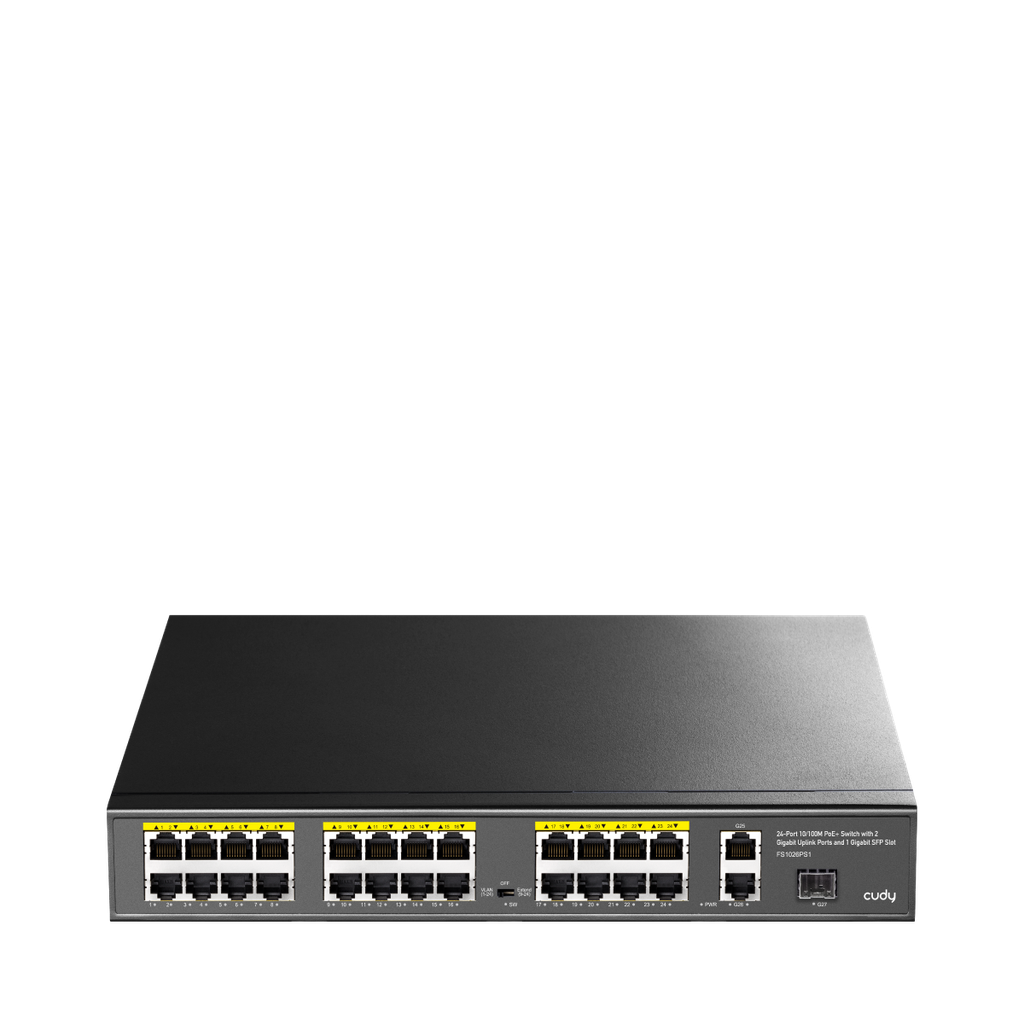 Cudy 24-Port 10/100M PoE+ Switch with 2 Gigabit Uplink Ports and 1 SFP Slot, Model: FS1026PS1
