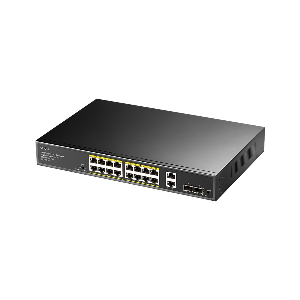 Cudy 16-Port Gigabit PoE+ Switch with 2 Uplink Gigabit Ports and 2 Gigabit SFP Slots 200W, Model: GS1018PS2