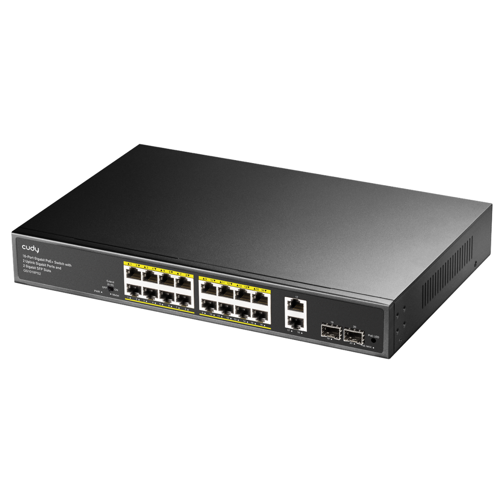 Cudy 16-Port Gigabit PoE+ Switch with 2 Uplink Gigabit Ports and 2 Gigabit SFP Slots 200W, Model: GS1018PS2